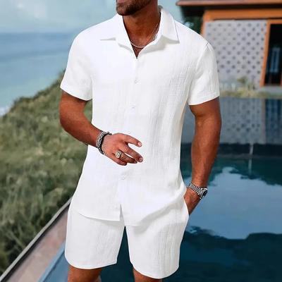 Summer Jacquard Black White Solid Color Shirt Set Short Sleeve Men's Vacation Casual Style Shirt Men
