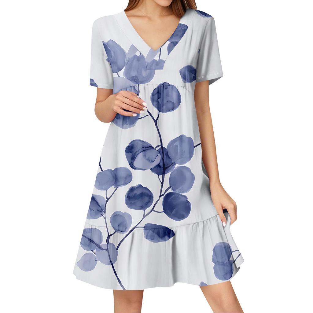 Womens Summer Dress Short Sleeve V Neck Short Dresses Fashion Casual Flowy Boho Ruffle A Line Swing Sundress