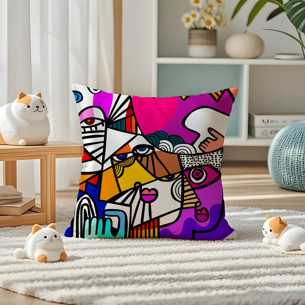 Colorful Abstract Faces Pillow Case Silky elegant Comfort Sofa Bed Invisible zipper