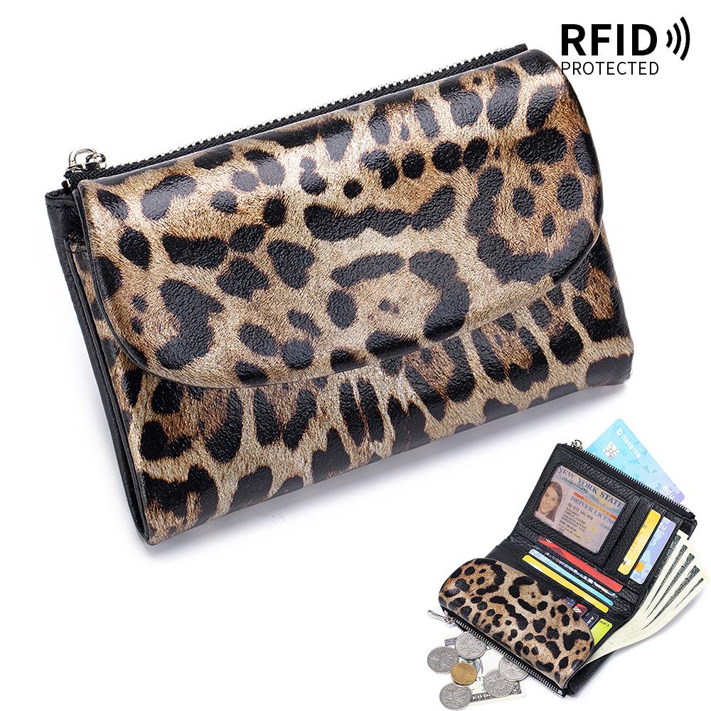 

New leopard print short wallet large capacity women s soft leather texture clutch bag storage bag first layer cowhide wallet чёрный