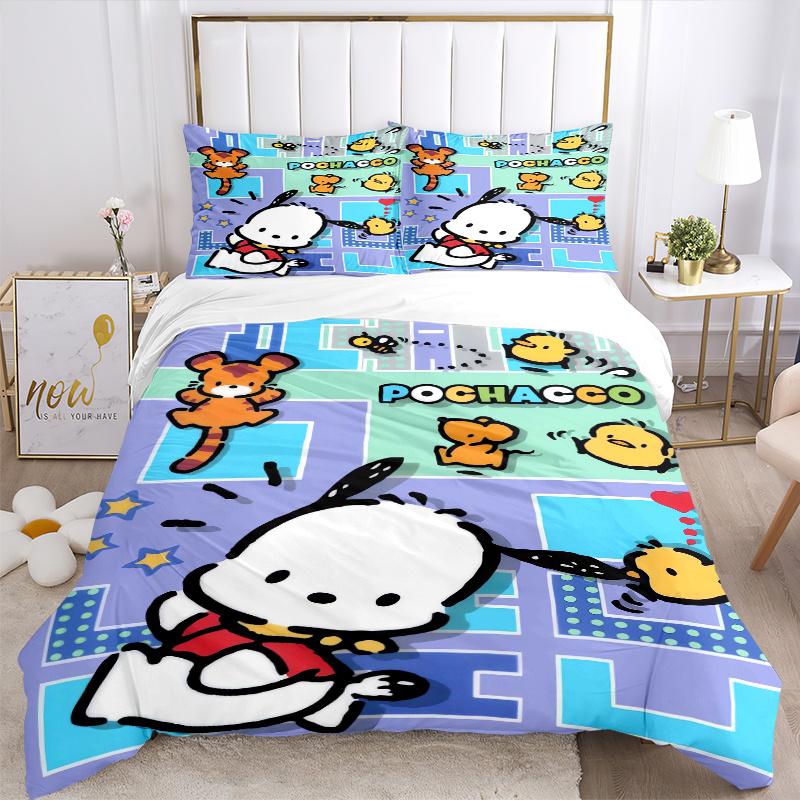 3pcs Lively Pochacco Printed Quilt Set Soft and Comfortable Quilt Cover for Bedroom, Guest Room Bedding Set  W056