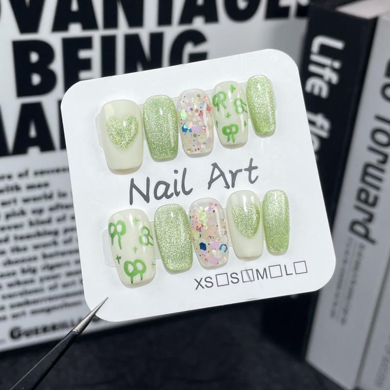 Handmade Press-On Nails With Cat Eye Effect Cute Bow Heart Design Short Style Thin Invisible Fit Women