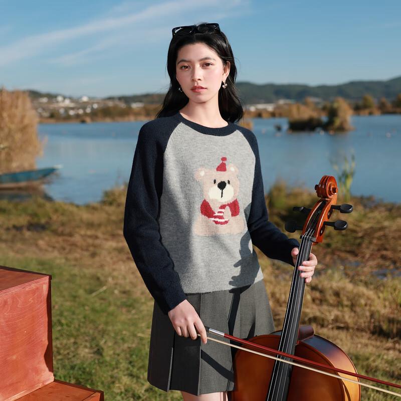 Sancai Women s Plus Size Little Bear Jacquard Raglan Sweater M