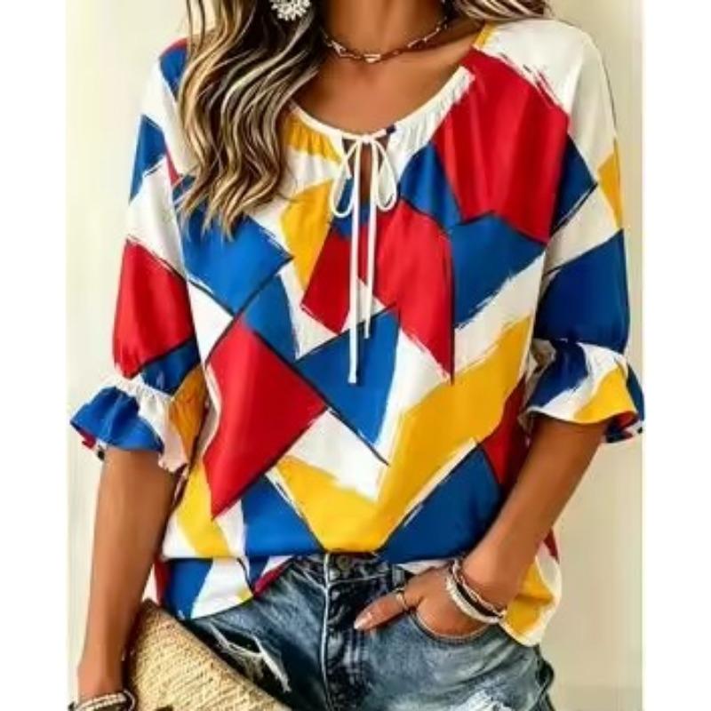 Women's Brown Lace Floral Print Tie Front Blouse, Casual Loose Top for Spring Summer Daily Wear