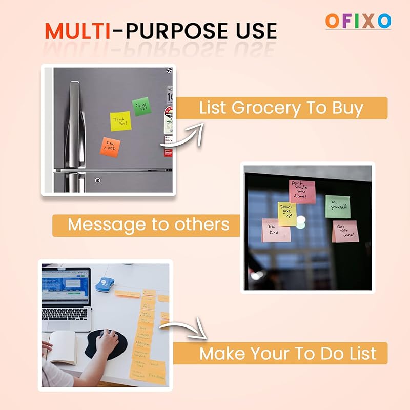 Ofixo 400 Sheets (5 Mix Color * 80 Sheets Each Color) Fluorescent Paper Self Adhesive Memo Pad Sticky Notes Bookmark Poi