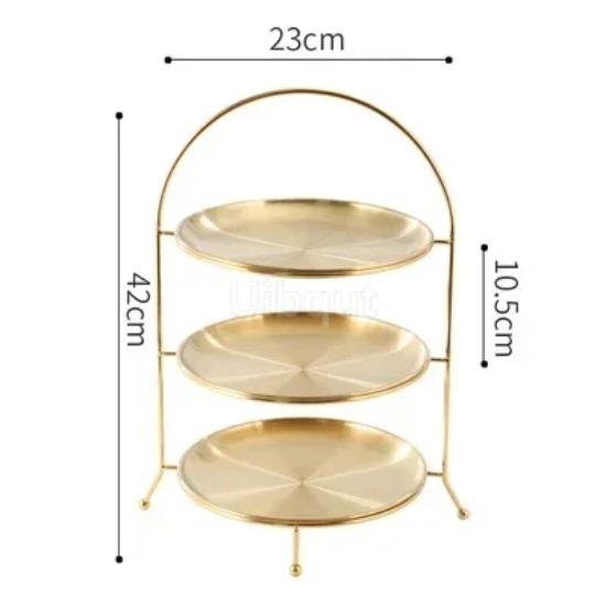 Weißer Desserttisch-Ausstellungsständer Hochzeitsdekoration Nachmittagstee Doppelschichtiger Tortenständer Goldfarbener Gebäckdekorationsteller 3-schichtig