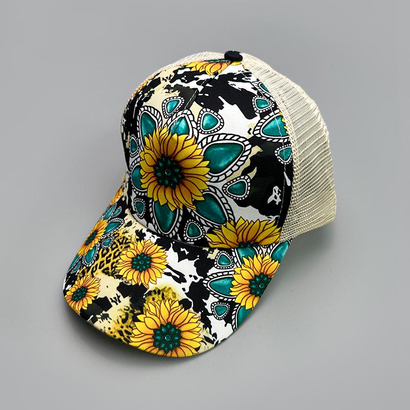

Print Sunflower Chrysanthemum Baseball Hats New Women Breathable Criss Cross Ponytail Sunshade Versatile Fashion Half Mesh Caps 52-60cm
