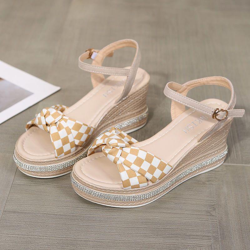 Woman Shoes Checkerboard Grid Platform Bow Sandals for Women Wedges Heel Sandal on Offer Pvc Comfort Footwear Sale Sales Daily