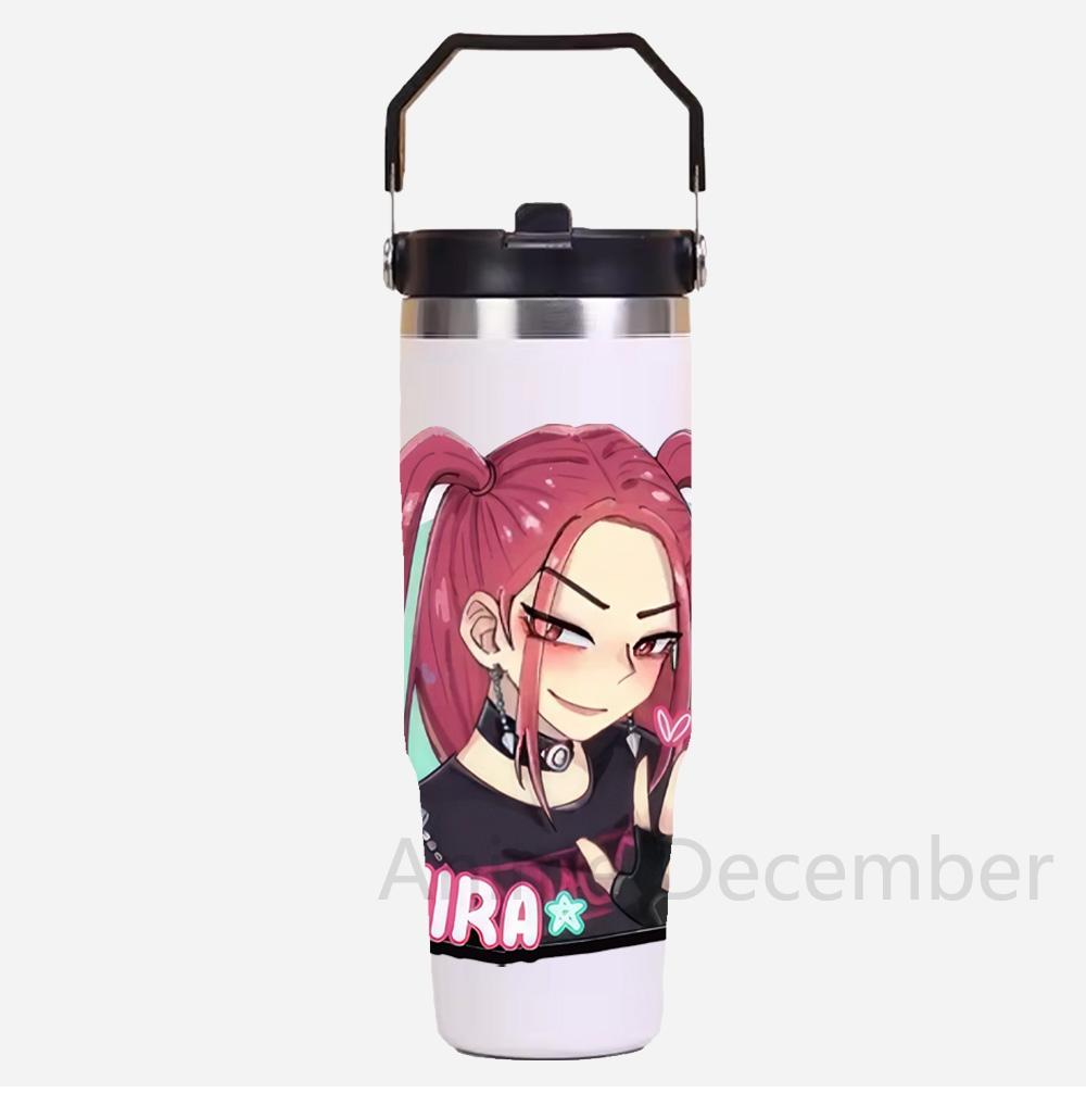 30Oz Anime K-Pop Large Capacity Portable Car Cup Stainless Steel Thermos Cup with Straw Handle Travel Sports Water Bottle Vacuum Flask
