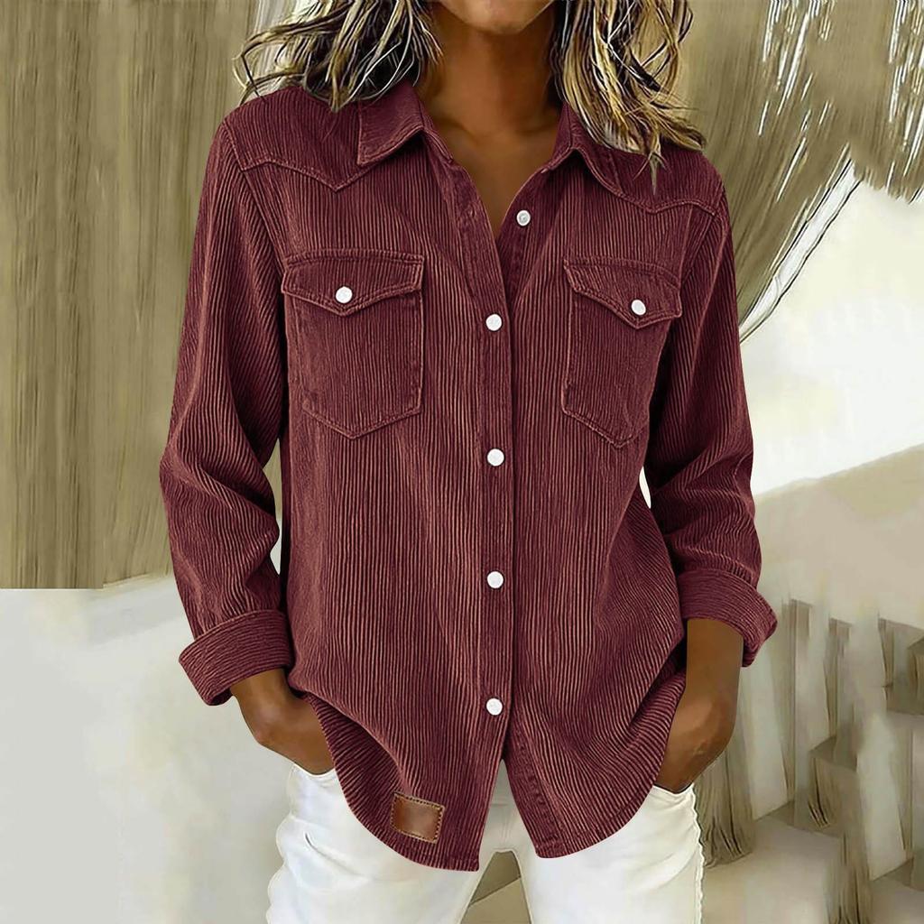 Women's Long Sleeve Button Down Shirt Corduroy Fabric Double Chest Pockets Casual Button Up Top