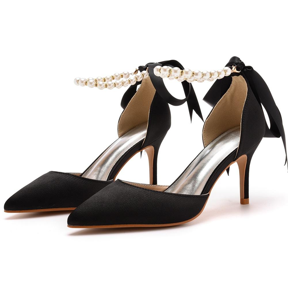 7cm Thin Heeled Large Size Sandals Banquet Women's Shoes Streamer Beaded High Heels Sandals Satin Dress Long Skirt Shoes