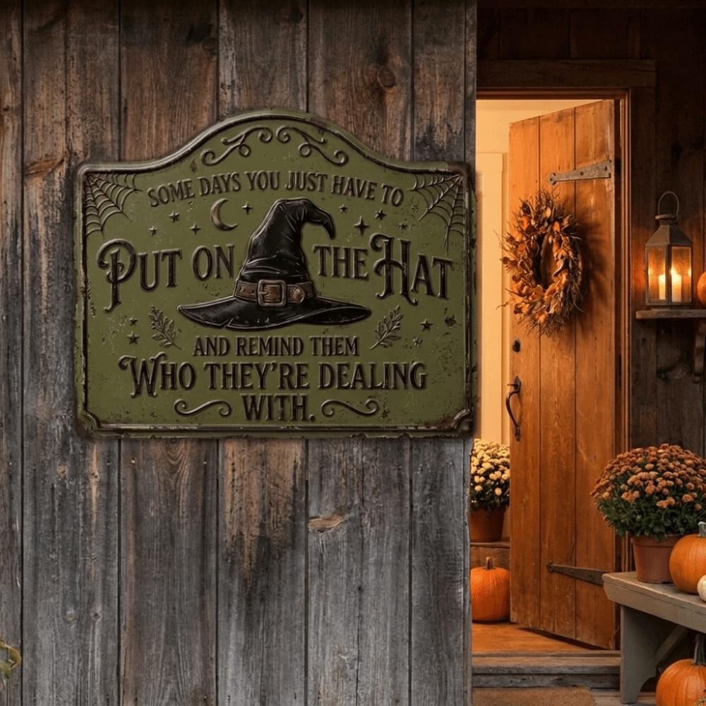 Vintage Witch Hat Sign 2D Flat Printing Retro Wall Art Sign Witch Hat Plaque Halloween Decoration
