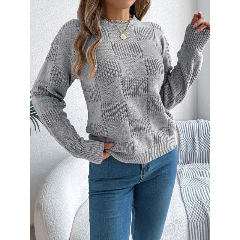European American Style Solid Plaid Long Sleeve Pullover Sweater Women