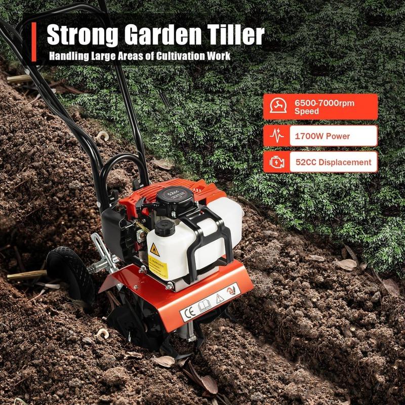1650W Garden Tiller Cultivator,52CC 2-Stroke Gas Powered Engine,Rototiller Garden Tool with Widened Mud Flap Cordless