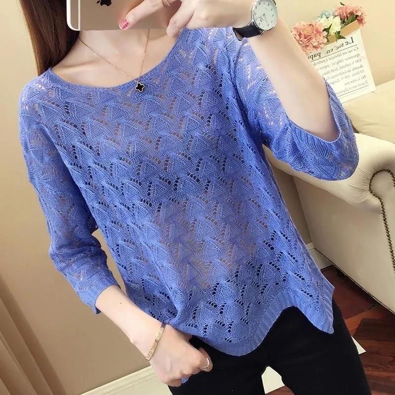 Printemps et Été Tricoté Manches Trois-quarts Chemise de Fond Ample Grande Taille Couvrant Manches Courtes Manches Courtes Féminin Coréen Fin Creux Chemise