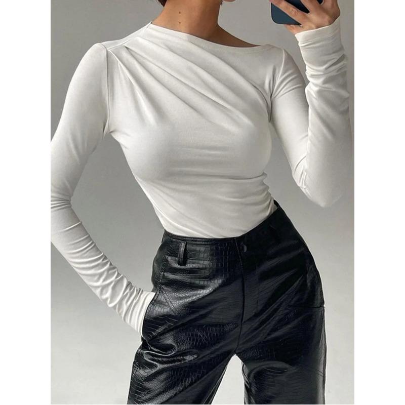Long Sleeve Top White T-Shirts Women Basic Crop Top Autumn Pollover Solid Skew Neck T Shirt Streetwear Basic Black Y2K Tees