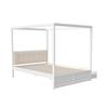 Cama com Dossel 140x200cm com Gavetas Grandes e Cabeceira Macia, Cama de Quatro Postes, Cama de Madeira Branca, Forte Capacidade de Carga