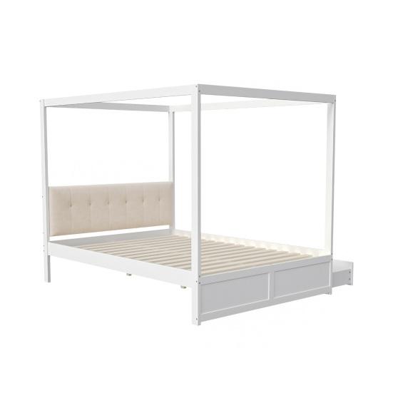 Cama com Dossel 140x200cm com Gavetas Grandes e Cabeceira Macia, Cama de Quatro Postes, Cama de Madeira Branca, Forte Capacidade de Carga