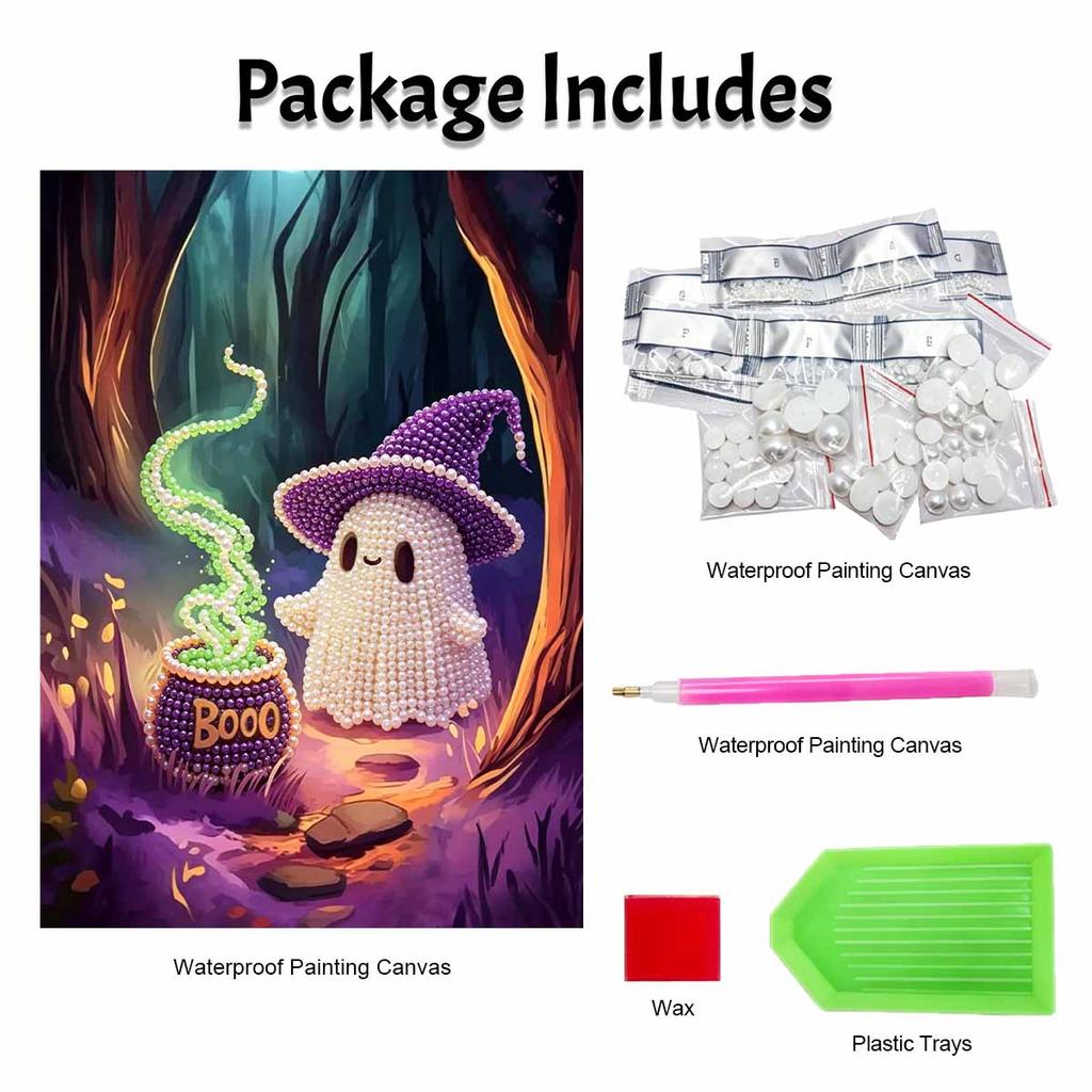 Frameless Pearl Painting Kit Cute Magic Ghost Cauldron Pattern DIY Shiny Bead Canvas Creative Leisure Craft Gift for Adults
