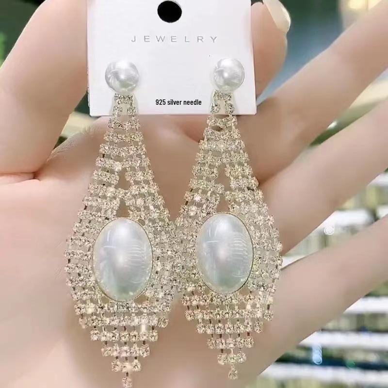 S925 Silver Geometric Rhinestone Tassel Earrings - Sparkling Diamond Round Long Design