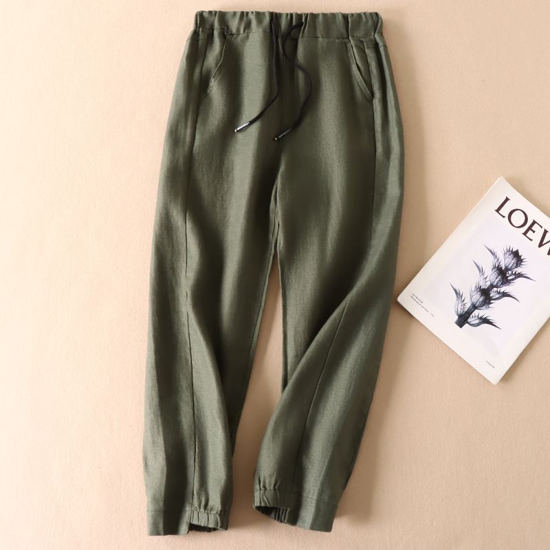 

Самые простые для сочетания с искусством, хлопковые и льняные дышащие брюки с манжетами на щиколотках, женские брюки с высокой талией, облегающие, однотонные, прямые, длиной до щиколотки D481 Green M