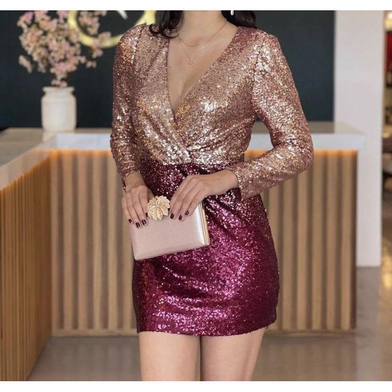 

Foreign Trade Order Gyaru Stage Banquet Party Shiny Sequins V-neck Miumiu Bag Hip Temperament Waist Hugging Banquet Dress Red Gold S