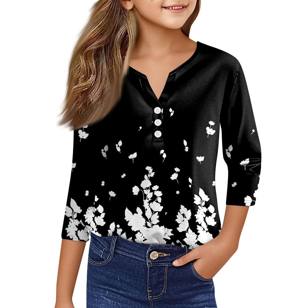 Mädchen Lässige Mode Oberteile Bedrucktes Sieben-Ärmel T-Shirt mit Knöpfen