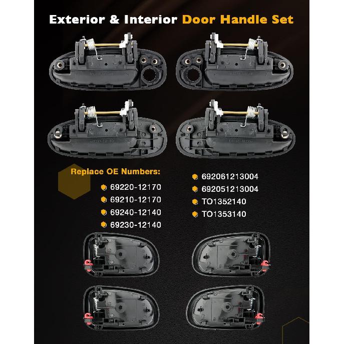 Door Handle Set, Compatible With 1993-1997 Toyota Corolla, Geo/Chevy Prizm | Interior & Exterior Front & Rear Left Driver & Right Passenger Side |