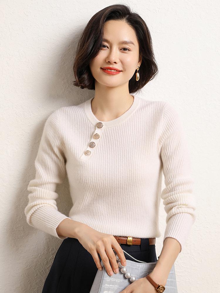 Women's Slim Fit Cashmere Sweater - Round Neck Ribbed with Diagonal Buttons, Elegant Knitwear for Autumn and Winter