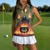 Women's Sleeveless Golf Shirt with Zip Front and Collar, Halloween Print Sporty Vest