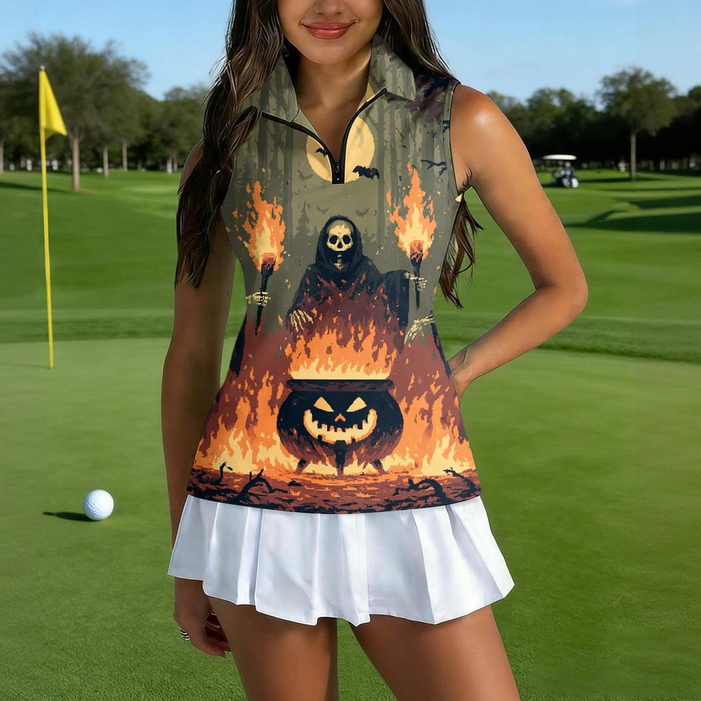 Women's Sleeveless Golf Shirt with Zip Front and Collar, Halloween Print Sporty Vest