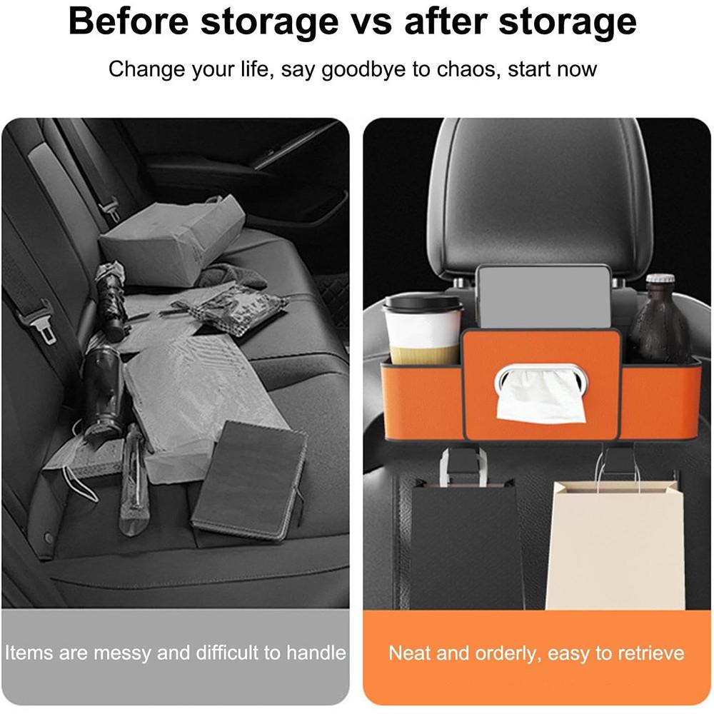 Car Seat Back Multi-Function Storage Organizer Leather+ABS Tissue Box Cup Holder with Hooks