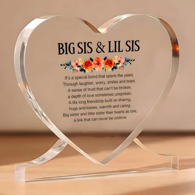 Big Sister & Little Sister Gift - Floral Design Acrylic Heart-Shaped Keepsake with Emotional Text, Pink-Green Modern Tabletop Decor, Unbreakable Bond