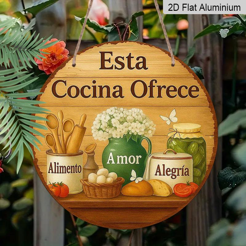 2D Flat, 1pc 7.87 Inch Round Aluminum Sign, "This Kitchen Offers Love & Joy" Rustic Farmhouse Kitchen Design, Vintage Food & Floral Metal Wall Art