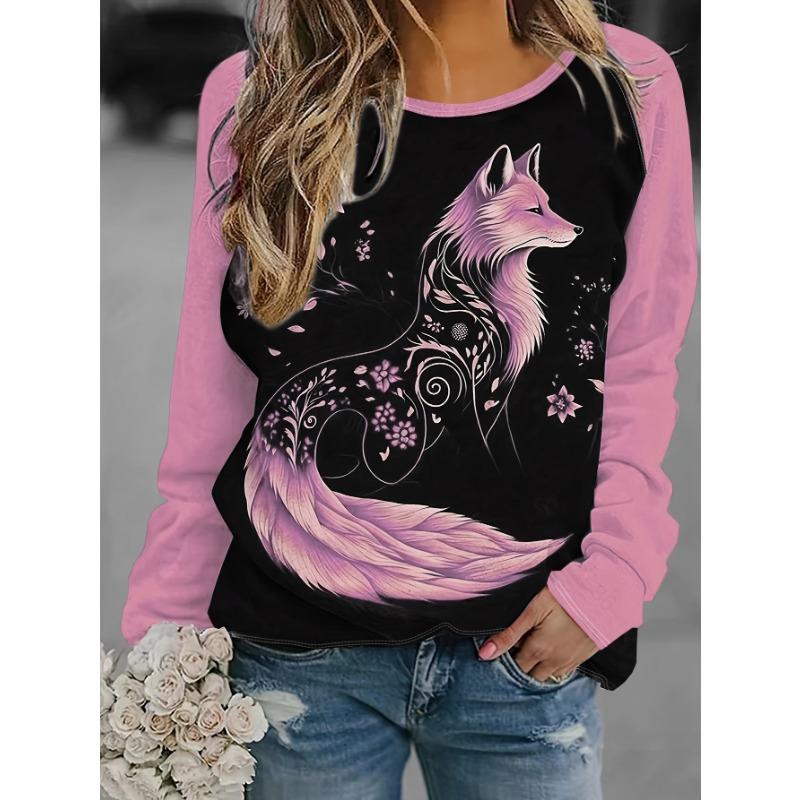 Women's Sleeves Stitching Fox Print Round Neck Long Sleeve Party Autumn Casual Pullover 3d Printing Casual Fashion Tops