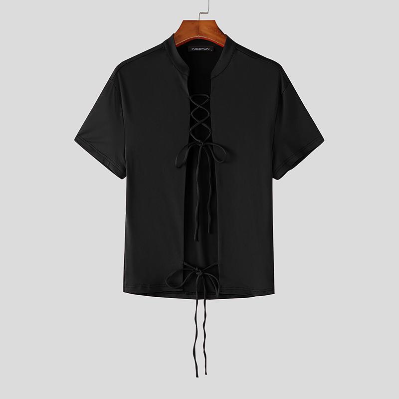 INCERUN Men Summer Short Sleeve Hollow Lace-up Fitted Tops Tee L