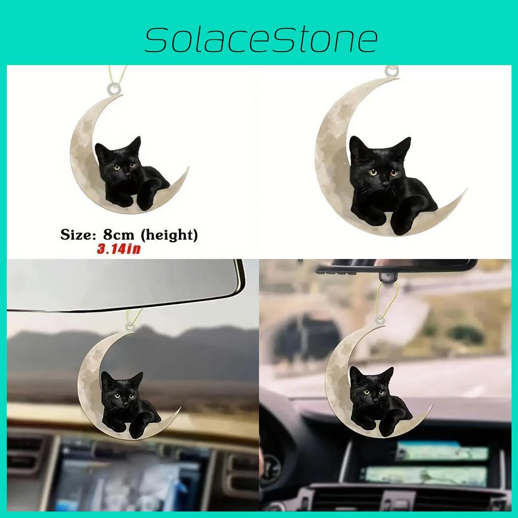 Adorable Acrylic Moon Black Cat Car Pendant Playful Keychain Accessory For Interior Decor