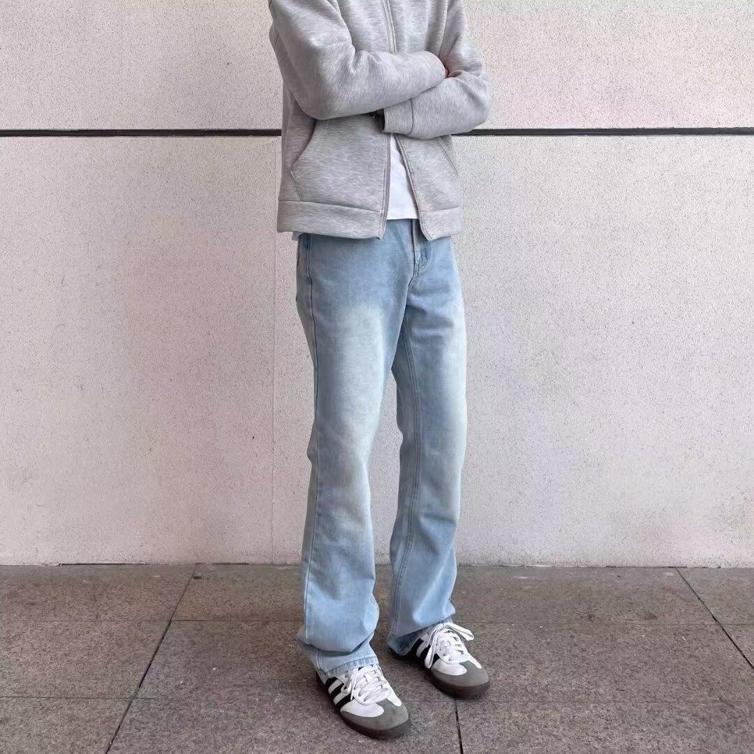 

Американские вымытые джинсы из денима, мужские осенние новые свободные прямые брюки-швабры, повседневные широкие джинсовые брюки 3XL светло-синий