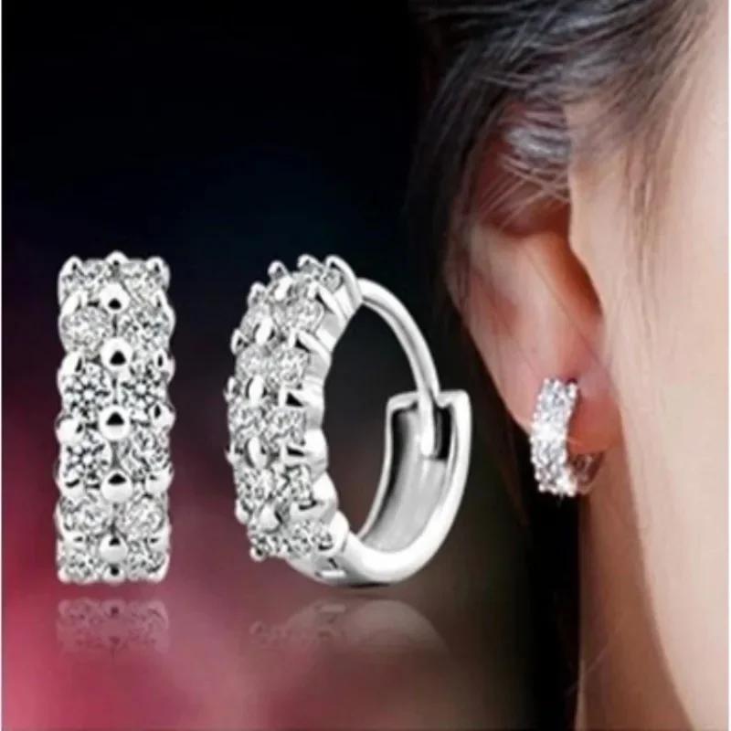 Luxury Trend Stainless Steel Crystal Round Silver Color Hoop Earring for Women Charm Zircon Dangle Earring Wedding Bride Jewelry