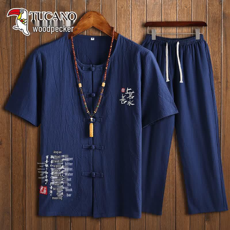 Tucano Men's Summer Casual Cotton-Linen Short-Sleeved Set