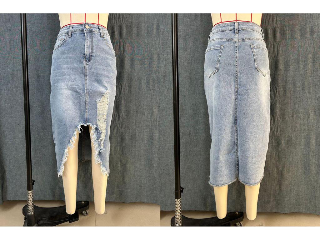 Women's Cross-Border Distressed Denim Skirt - American Retro Style
