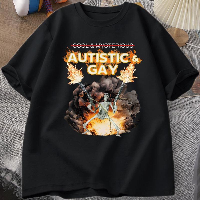Skeleton Explosion Men TShirt Autistic Gay Unhinged Skeleton Autism Meme T-Shirt Cotton Short Sleeve Graphic Tees