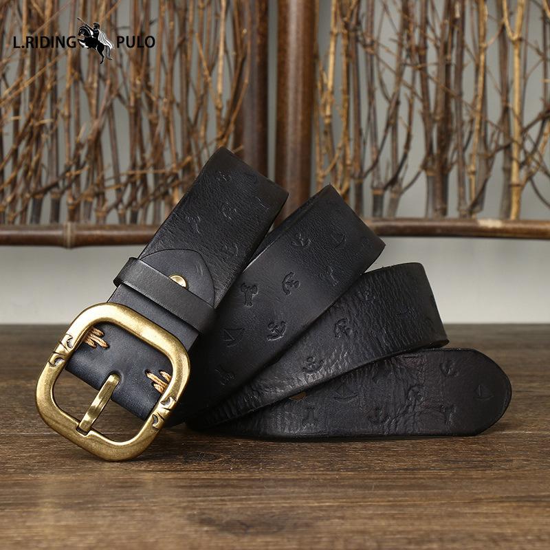Korean Style Personalized Machine Embossed Vegetable Tanned Belt Men's Genuine Leather Pure Cowhide Pin Buckle Belt