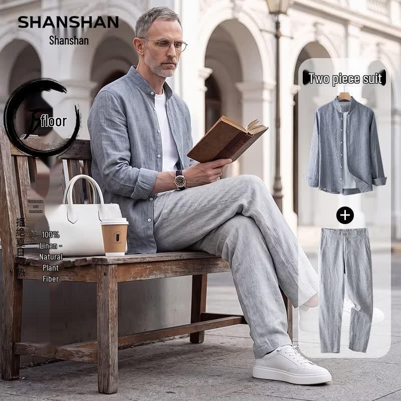 SHANSHAN Men's 100% Linen Shirt & Trousers Set