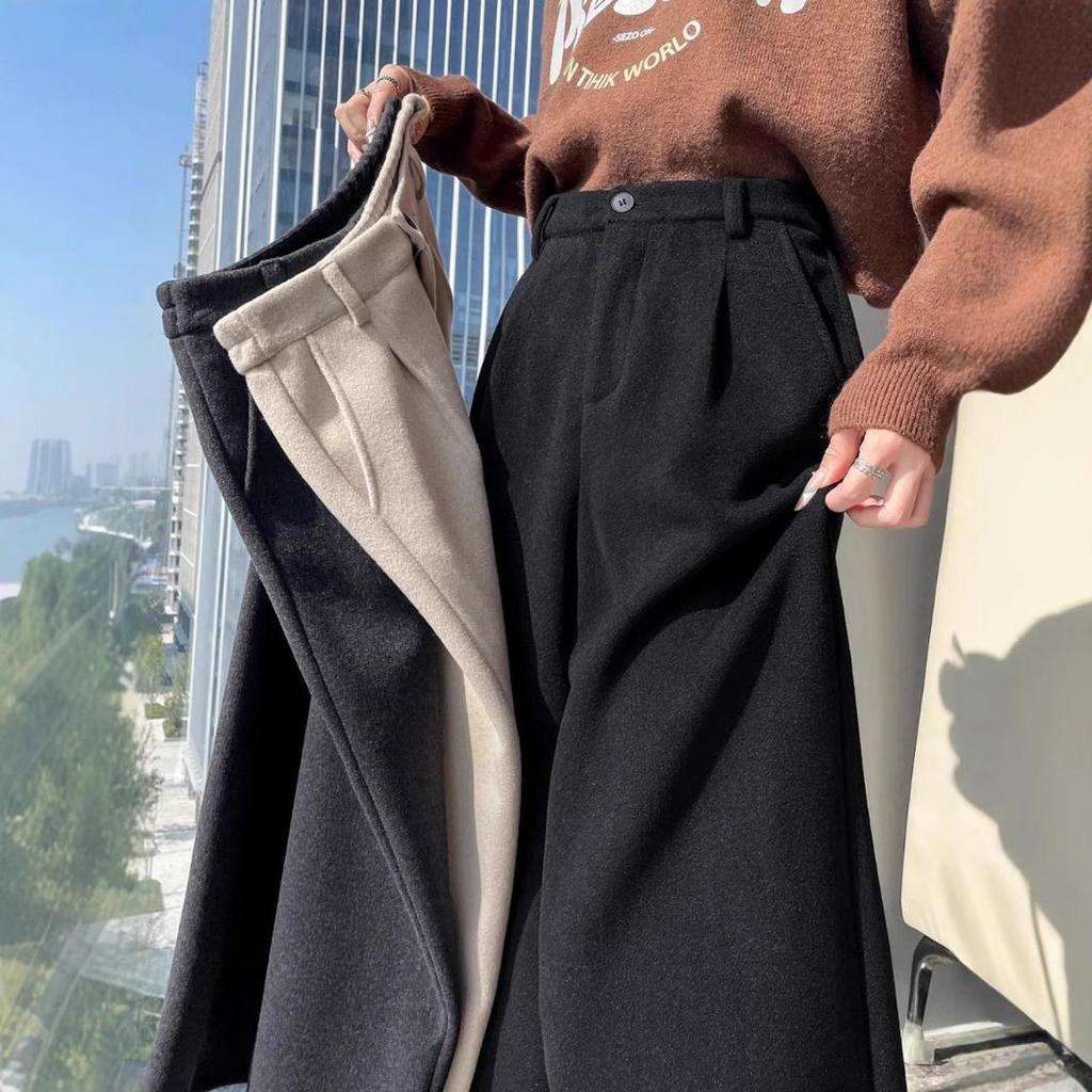 2024 Autumn/Winter Women's Black High-Waisted Woolen Wide-Leg Pants