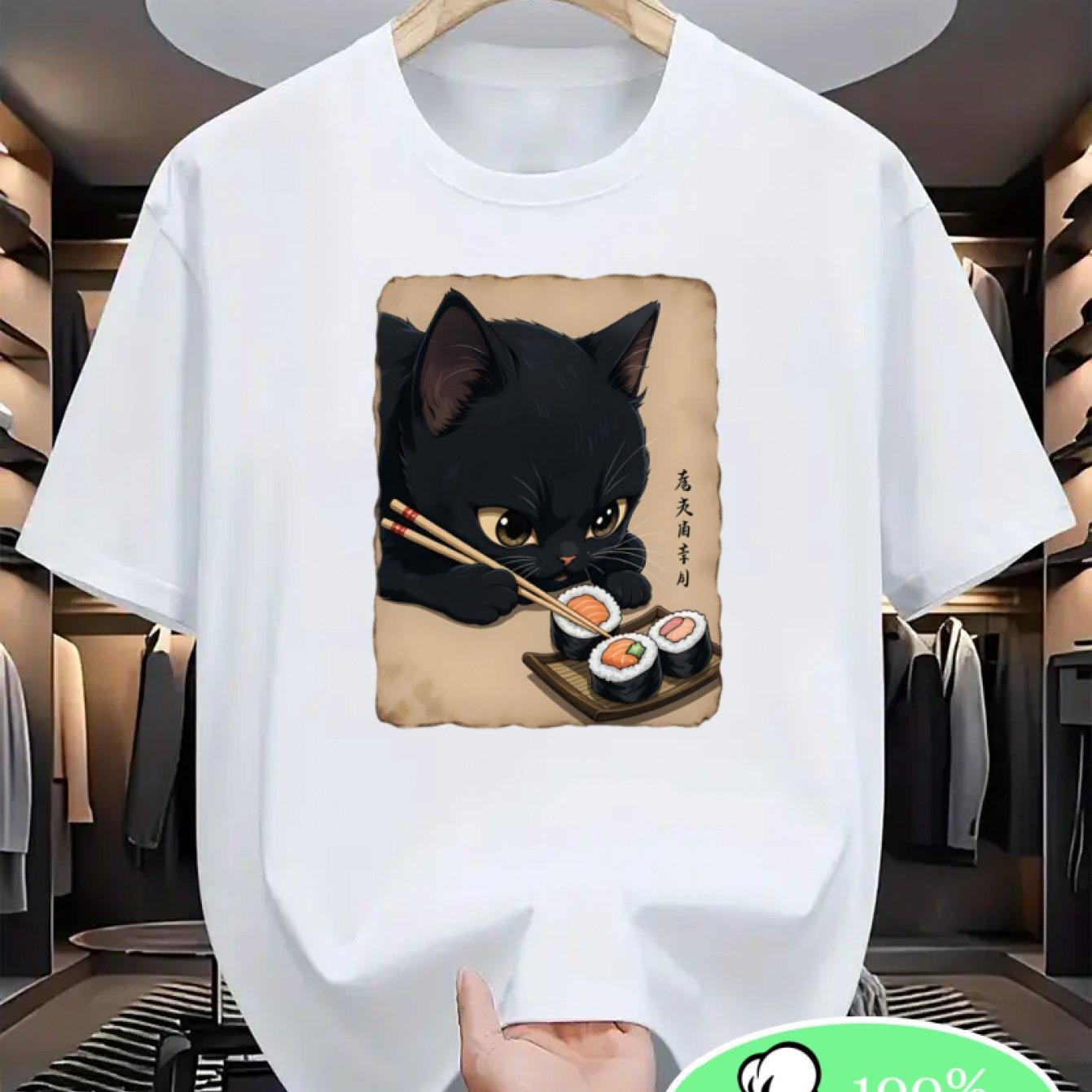 Men and Women Cotton Graphic T-Shirt Comfortable Crew Neck Short Sleeve Tee with Cute Cat and Sushi Print S