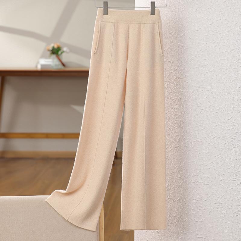 Dámské vlněné pletené kalhoty se širokými nohavicemi - Zeštíhlující, Středový šev, Zesílené, Ležérní, Délka až na zem pro podzim a zimu