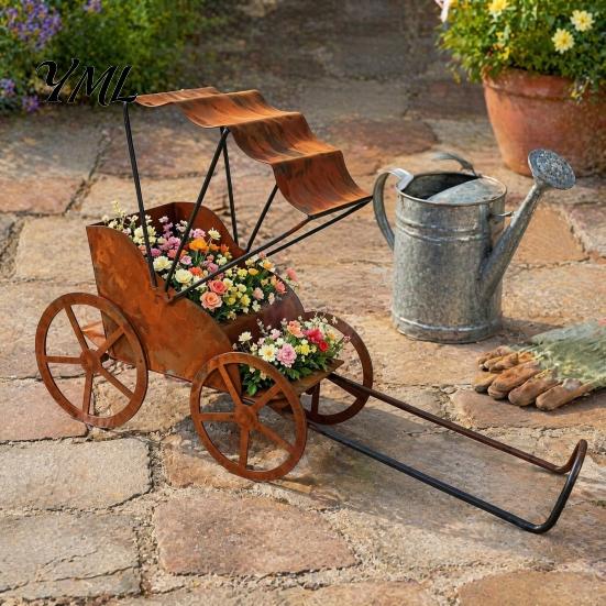 Fun Yard Decorations Rustic Rickshaw Garden Ornament, Decorative Metal Sculpture, Weatherproof Rustproof Sculptures Retro Outdoor Decoration for Lawn