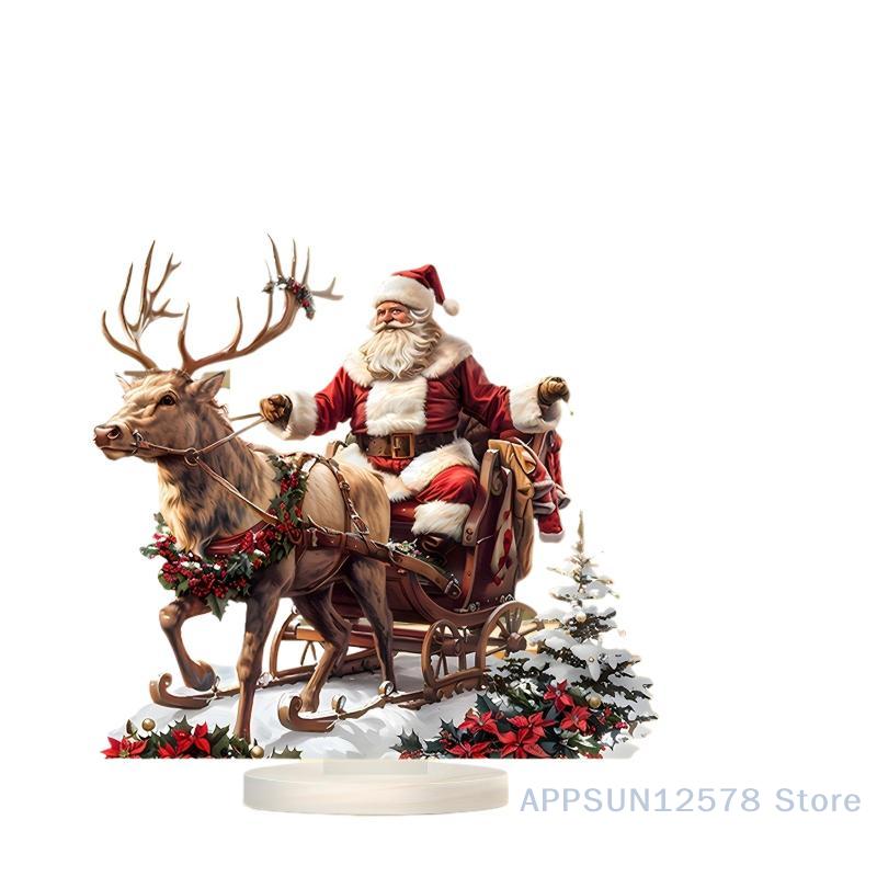 Santa Claus Reindeer Sled Acrylic Ornament – Tabletop Decoration with Base for Christmas, Navidad, and Holiday Parties