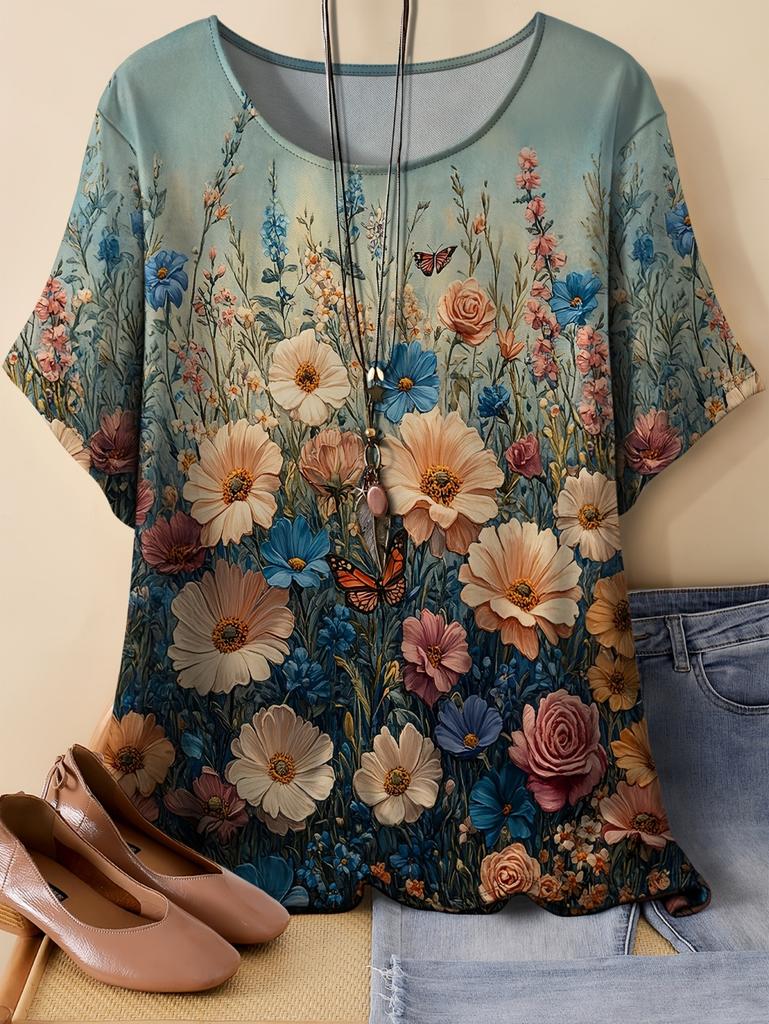 2026 Women's Casual Loose Fit T-Shirt Floral Print Short Sleeve Round Neck Top Tees Plus Size Summer Tops Flower Woman Clothing